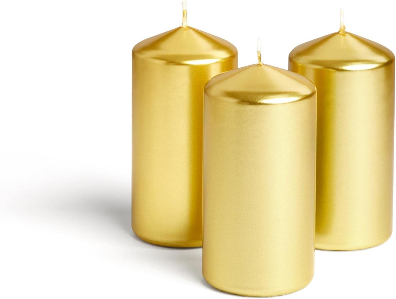 Metallic Cone Top Pillar Candles by  - Set of 3-3" X 6" Dripless Unscented Holiday Candles in Metallic Gold for Home Decor, Relaxation & All Occasions
