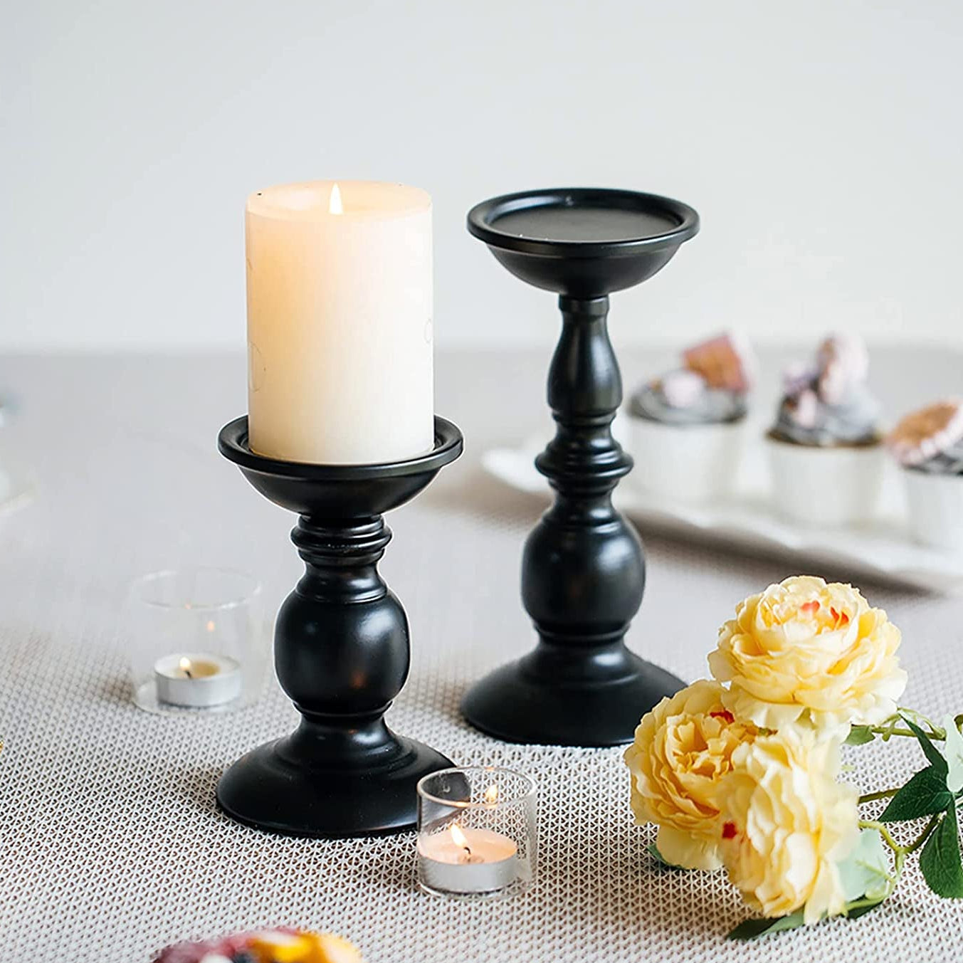 Black Candle Holder for Pillar Candles - 2 Pcs Rustic Candle Holders Set Metal Candle Stand Tall Retro Fall Pillar Candleholder for Halloween Easter Farmhouse Fireplace Home Table Centerpiece