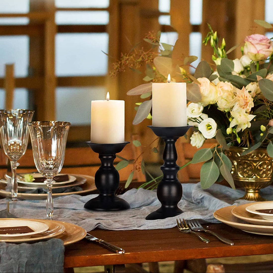 Black Candle Holder for Pillar Candles - 2 Pcs Rustic Candle Holders Set Metal Candle Stand Tall Retro Fall Pillar Candleholder for Halloween Easter Farmhouse Fireplace Home Table Centerpiece