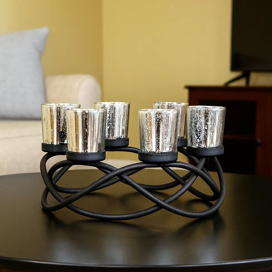 Modern Iron Table Centerpiece Candle Holder with 6 Glass Votive Cups