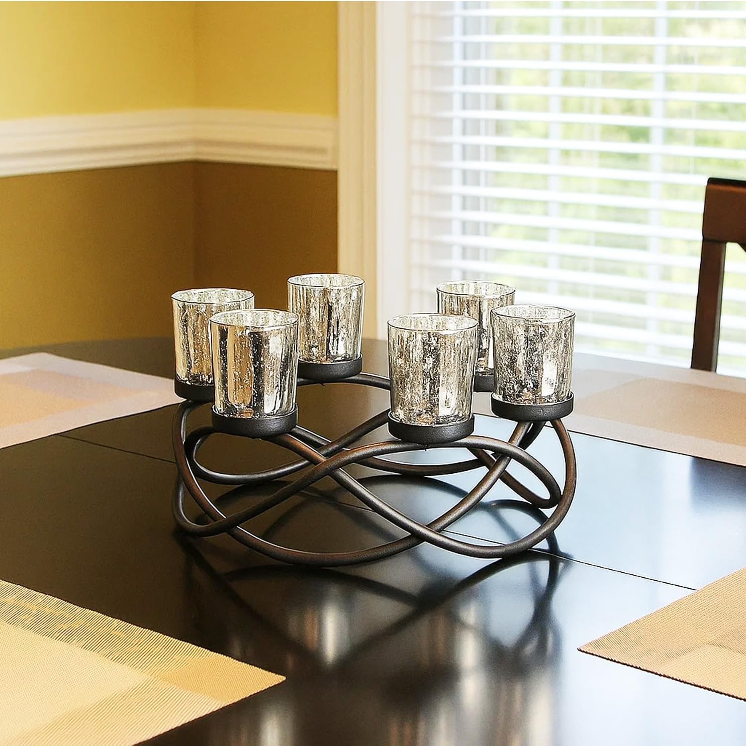 Modern Iron Table Centerpiece Candle Holder with 6 Glass Votive Cups