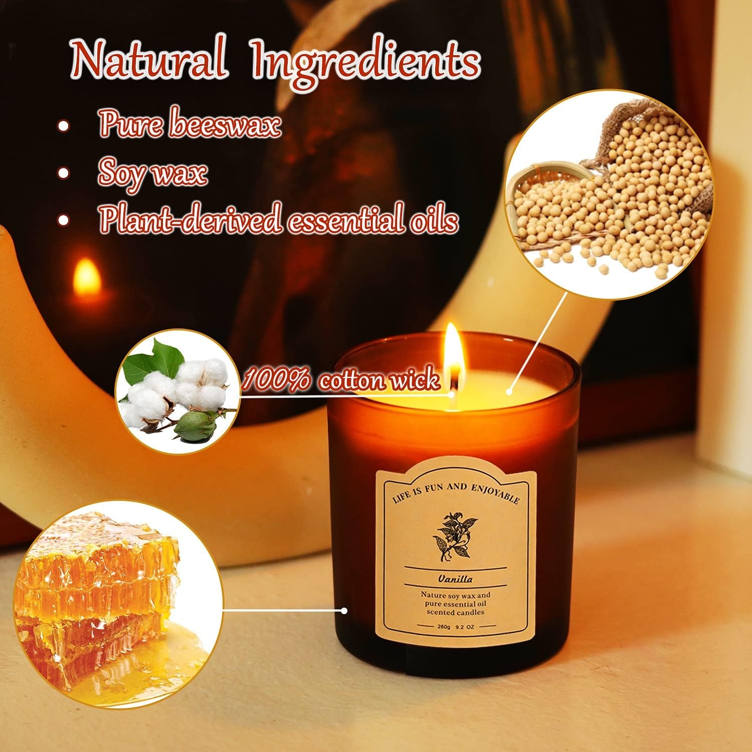 Vanilla Scented Candles for Home, All Natural Soy Wax Candles with Essential Oils, Highly Scented Beeswax Candles, Aromatherapy Candles for Sleep Aid, 9.2Oz, Clean Burning(Vanilla, Coconut)