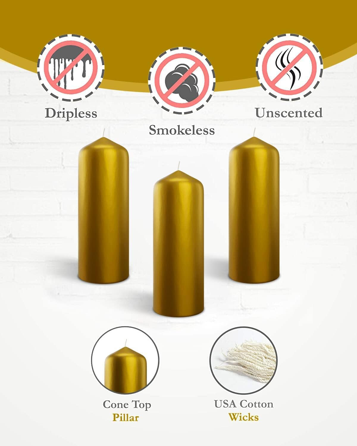 Metallic Cone Top Pillar Candles by  - Set of 3-3" X 6" Dripless Unscented Holiday Candles in Metallic Gold for Home Decor, Relaxation & All Occasions