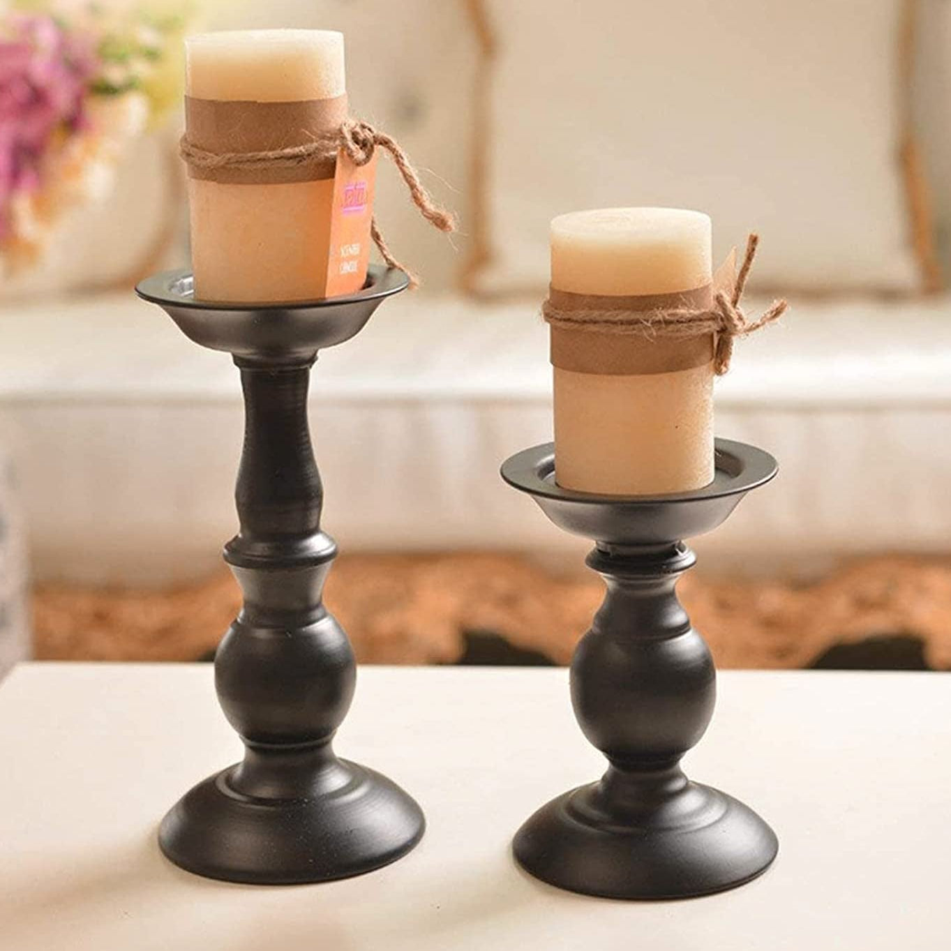 Black Candle Holder for Pillar Candles - 2 Pcs Rustic Candle Holders Set Metal Candle Stand Tall Retro Fall Pillar Candleholder for Halloween Easter Farmhouse Fireplace Home Table Centerpiece